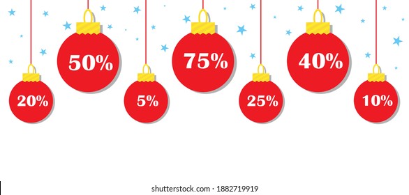 Christmas balls with specified discounts before Christmas or New Year, advertising for businesses and shops. All elements are isolated and editable.