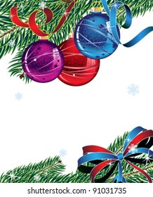 Christmas balls, spruce branches and bright bow. New Year's abstract background