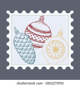 Christmas balls. Christmas stamps with holiday Vintage illustration. Postage stamp frames. Vector 