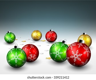 Christmas balls and star confetti on the floor background
