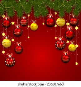 Christmas balls, stars, confetti and fir tree branches on red background, illustration.