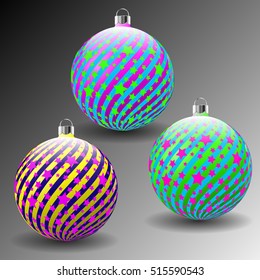 Christmas balls with star's and diagonal print. Vector Illustration.