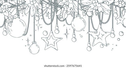 Christmas balls and stars hanging on beads, snowberry with twinkling stars. Christmas, New Year, winter Line art hand-drawn illustration in black and white ink. Seamless border pattern vector EPS