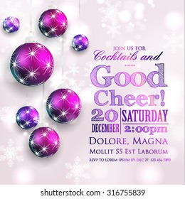 Christmas Balls and Stars. Merry Christmas and Happy New Year Card Xmas Decorations. Blur Silver Snowflakes. Vector. 