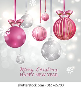 Christmas Balls and Stars. Merry Christmas and Happy New Year Card Xmas Decorations. Blur Silver Snowflakes. Vector. 