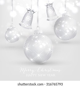 Christmas Balls and Stars. Merry Christmas and Happy New Year Card Xmas Decorations. Blur Silver Snowflakes. Vector. 