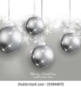 Christmas Balls and Stars. Merry Christmas and Happy New Year Card Xmas Decorations. Blur Silver Snowflakes. Vector.
