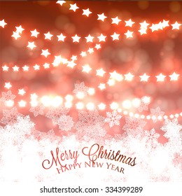 Christmas Balls and Stars. Merry Christmas and Happy New Year Card Xmas Decorations. Blur Silver Snowflakes. Vector.