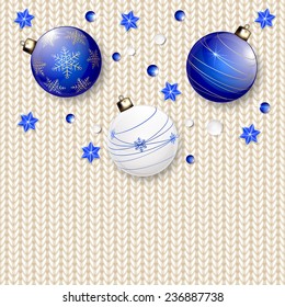 Christmas balls and stars on white knitted background, illustration.