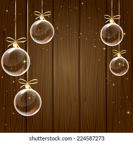 Christmas balls and stars on wooden background, illustration.