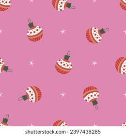 Christmas balls with stars seamless pattern. Christmas and New Year concept. Hand drawn pink y2k vector texture for wallpaper, prints, wrapping, textile