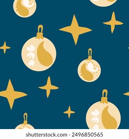 Christmas balls and stars seamless pattern. Simple holiday season endless background. Christmas Eve repeat cover. Glass baubles continuous surface. Vector hand drawn flat illustration.