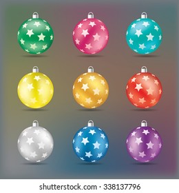 Christmas balls with stars in various colors vector illustration.