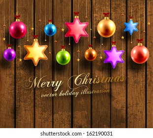 Christmas Balls and Stars. Xmas Decorations. Wood Texture Background. Vector.