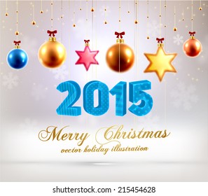 Christmas Balls and Stars. Xmas Decorations. Blur Silver Snowflakes. 2015 New Year. Vector.