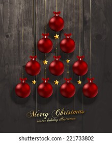 Christmas Balls and Stars. Xmas Decorations. Wood Texture Background. Vector.