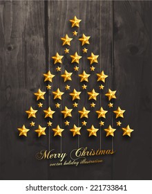 Christmas Balls and Stars. Xmas Decorations. Wood Texture Background. Vector.