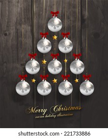 Christmas Balls and Stars. Xmas Decorations. Wood Texture Background. Vector.