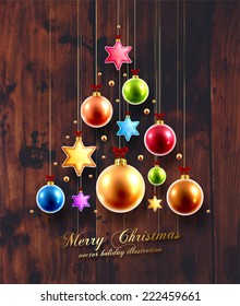 Christmas Balls and Stars. Xmas Decorations. Wood Texture Background. Golden Holiday Decorations Vector.