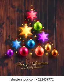 Christmas Balls and Stars. Xmas Decorations. Wood Texture Background. Golden Holiday Decorations Vector.