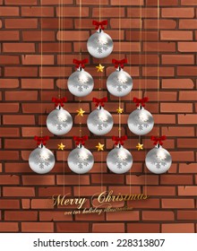 Christmas Balls and Stars. Xmas Decorations. Vector. Brick Wall Background.