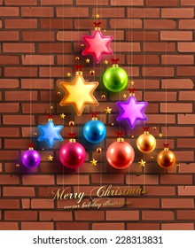 Christmas Balls and Stars. Xmas Decorations. Vector. Brick Wall Background.