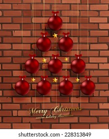 Christmas Balls and Stars. Xmas Decorations. Vector. Brick Wall Background.