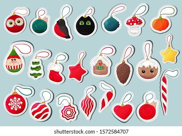 Christmas balls stickers collection. Hand drawn many types snow balls. Traditional New year and xmas decoration elements. Round shape ball, star, heart, cookie, animals, gingerbread, pine cone, elf.