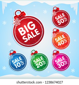 Christmas balls stickers for holiday sale. Сhristmas tags for christmas sale with snowflakes, bows and percent off in different colors isolated on winter background. 