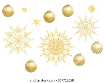 Christmas balls and straw stars, golden decoration. Isolated vector illustration over white background.