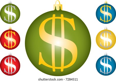 Christmas balls with a symbol of dollar. A vector illustration. It is isolated on a white background.