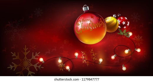 Christmas balls with text Merry Christmas and bulb light stripes on red background decoration with Xmas elements ornaments, snowflakes, stars - with copy space.