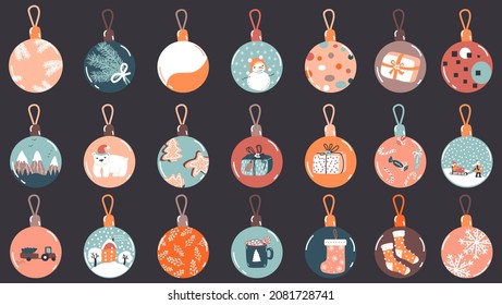 Christmas balls toys. Vector set with different patterns. New Year decoration. Isolated on dark background