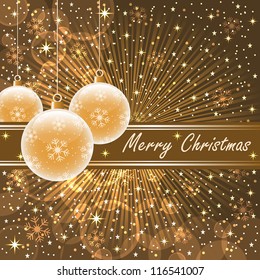 Christmas balls in translucent gold on a gold and brown sunburst background, snowflakes, bubbles, stars and snow. Raster version also available.