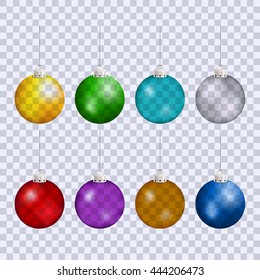 Christmas balls transparent hanging. Isolated holiday ornament. Vector.