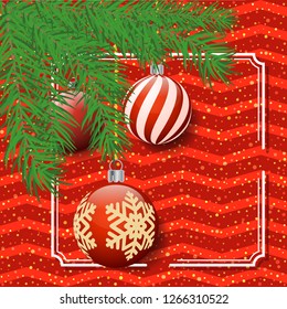 Christmas balls and tree branches decor. Merry Christmas square frame greeting on red background. Postcard, poster design.