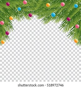 Christmas balls and tree branches on transparent background.