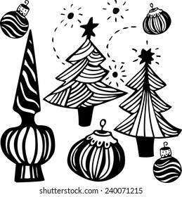  Christmas Balls and Christmas tree, Isolated On White Background, Vector Illustration. Hand drawn. New year set.