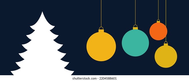 Christmas balls and Christmas tree retro style dark card background. Vector illustration.