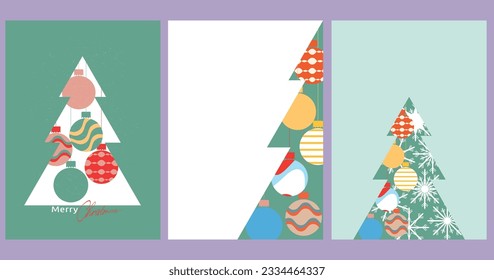 Christmas balls tree and snow greeting, card, template, background, poster, holiday covers, banner set. Merry Christmas and Happy New Year