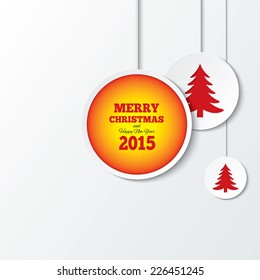 Christmas balls with christmas trees. New year 2015. Cut the paper background. Cutout paper greeting card. Vector illustration.