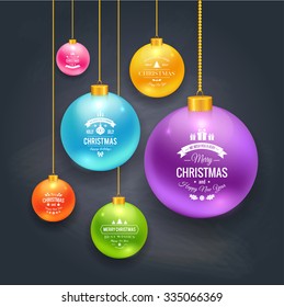 Christmas balls and typography logos set. Vector illustration of isolated realistic colorful decorations.
