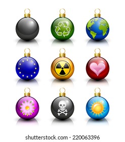 Christmas balls with various symbols on white background