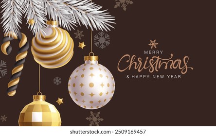 Diseño de fondo de Vector de bolas de Navidad. Feliz Navidad y feliz año nuevo texto de saludo con oro, patrón, bola de Navidad brillante y Elementos de caña de caramelo en copos de nieve fondo elegante. Vector 