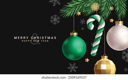 Christmas balls vector background design. Merry christmas and happy new year greeting text with green xmas ball, candy cane and spruce leaves hanging decoration elements in black background. Vector 