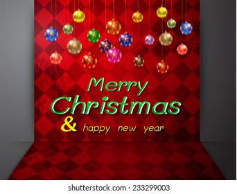 Christmas balls from vector background. Old checker chess square floor abstract background 