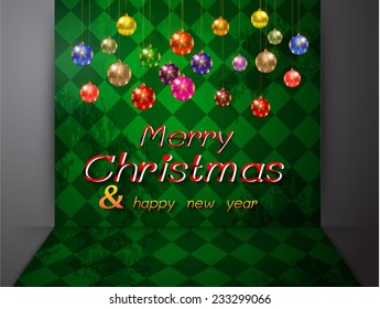 Christmas balls from vector background. Old checker chess square floor abstract background 