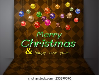 Christmas balls from vector background. Old checker chess square floor abstract background 