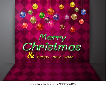 Christmas balls from vector background. Old checker chess square floor abstract background 
