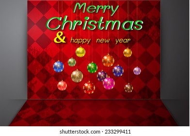 Christmas balls from vector background. Old checker chess square floor abstract background 